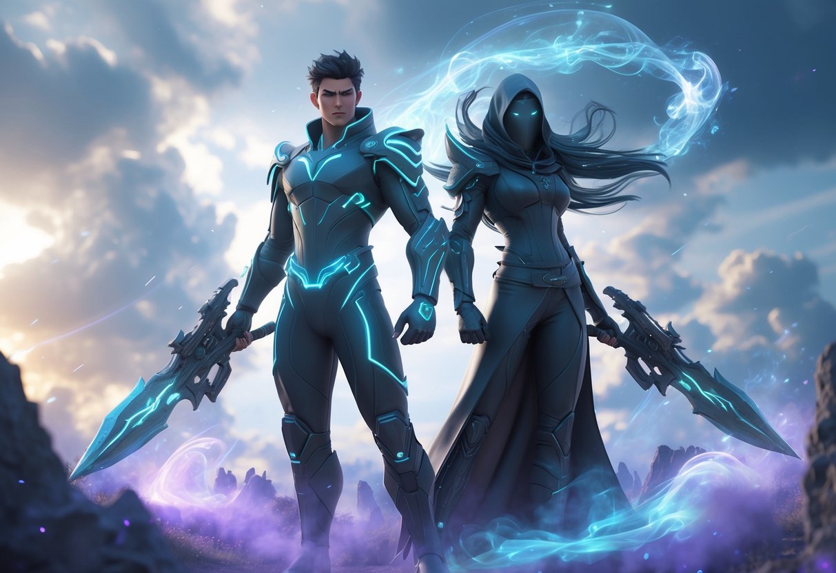Two fantasy heroes standing back-to-back on a mystical battlefield, one in glowing armour with an energy weapon, the other surrounded by smoky shadows wielding dark blades.