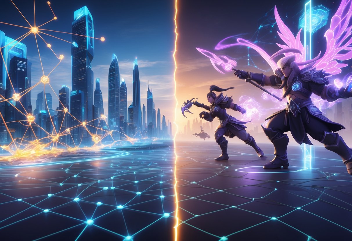A 3D scene showing a glowing digital network connected to a futuristic city on one side, and heroic characters casting spells and battling on the other, separated by a glowing divide.
