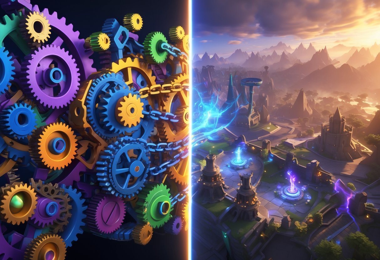 A 3D scene showing a mechanical puzzle with interlocking gears on one side and a fantasy battle arena with heroes and towers on the other, separated by a glowing divide.