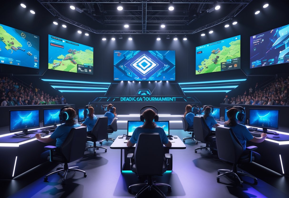 A 3D scene of a busy esports tournament with organisers coordinating an event in a gaming arena filled with screens and an audience.
