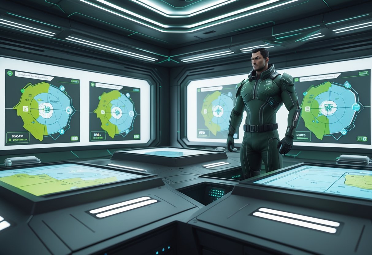 A futuristic control room with holographic maps and a tactical hero analysing area management strategies.