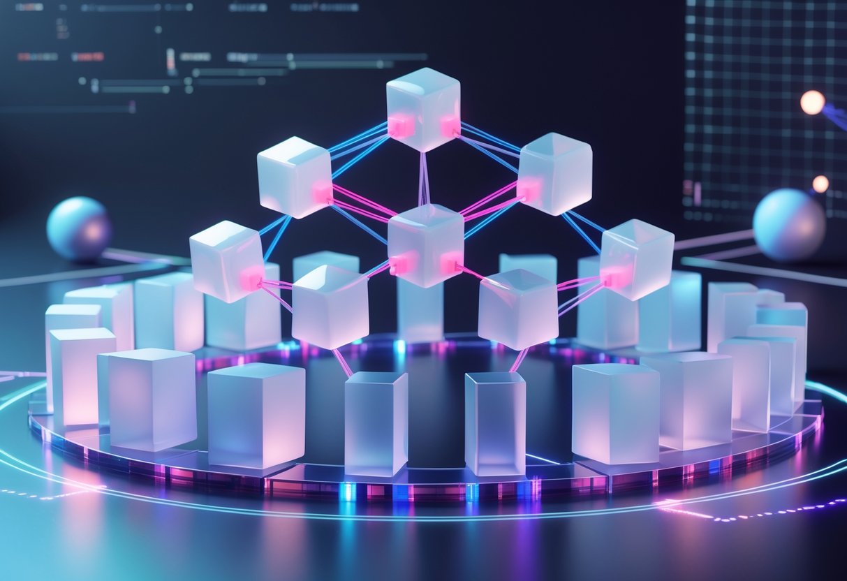 A 3D scene showing interconnected geometric shapes arranged like a tournament bracket with glowing lines highlighting points of conflict.