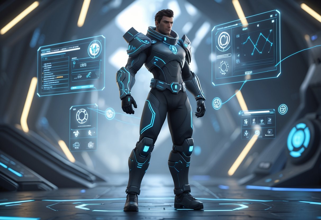 A futuristic hero in glowing armour stands on a digital battlefield with holographic tactical displays and a high-tech background symbolising complex strategy.