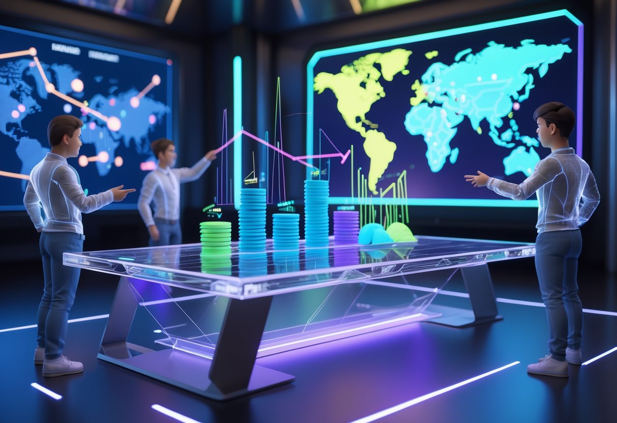 A futuristic control room with holographic charts and digital avatars analysing esports tournament data.