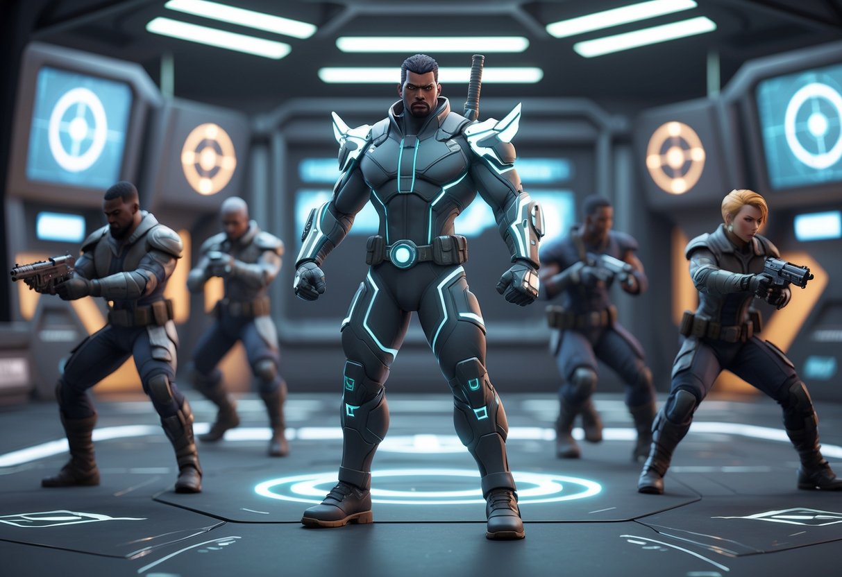 A group of beginner heroes training together in a high-tech arena, with a central hero named Deadlock ready for action.