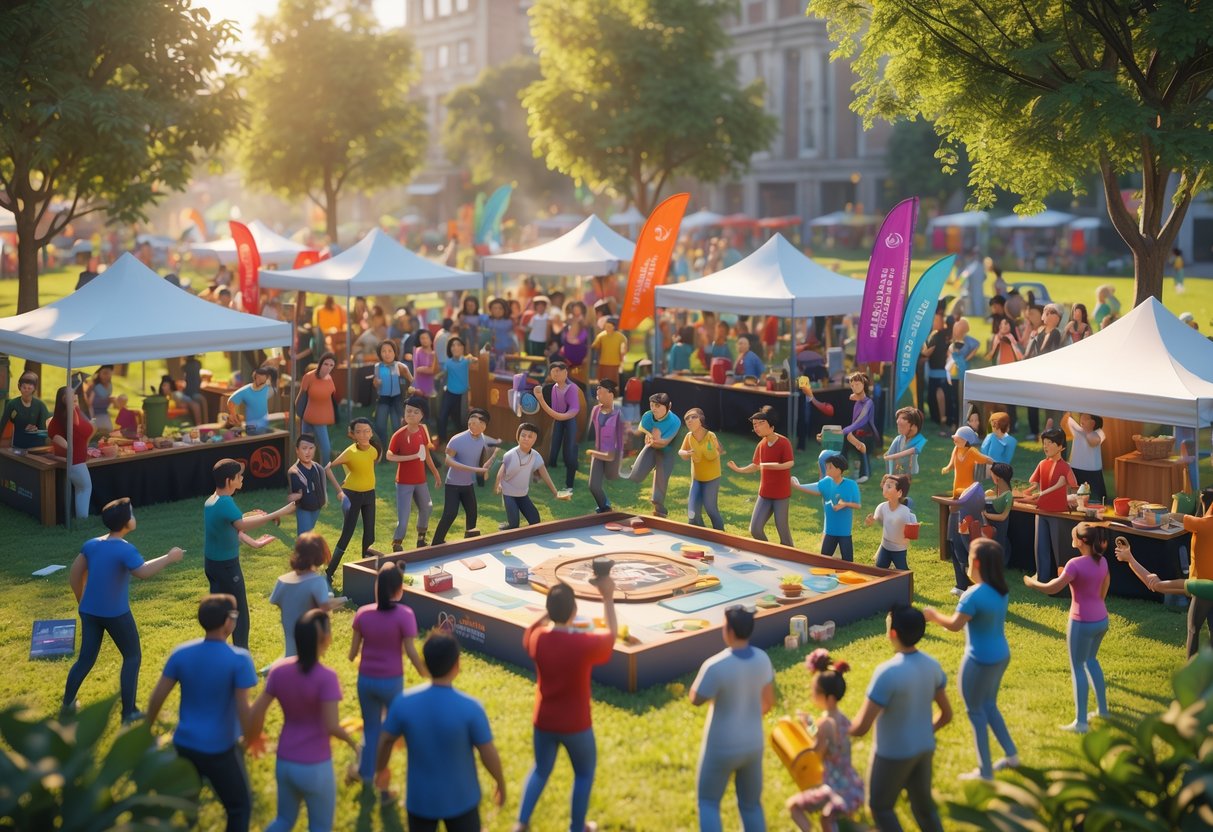 People gathered outdoors in a park enjoying a community tournament with games, booths, and social interaction.