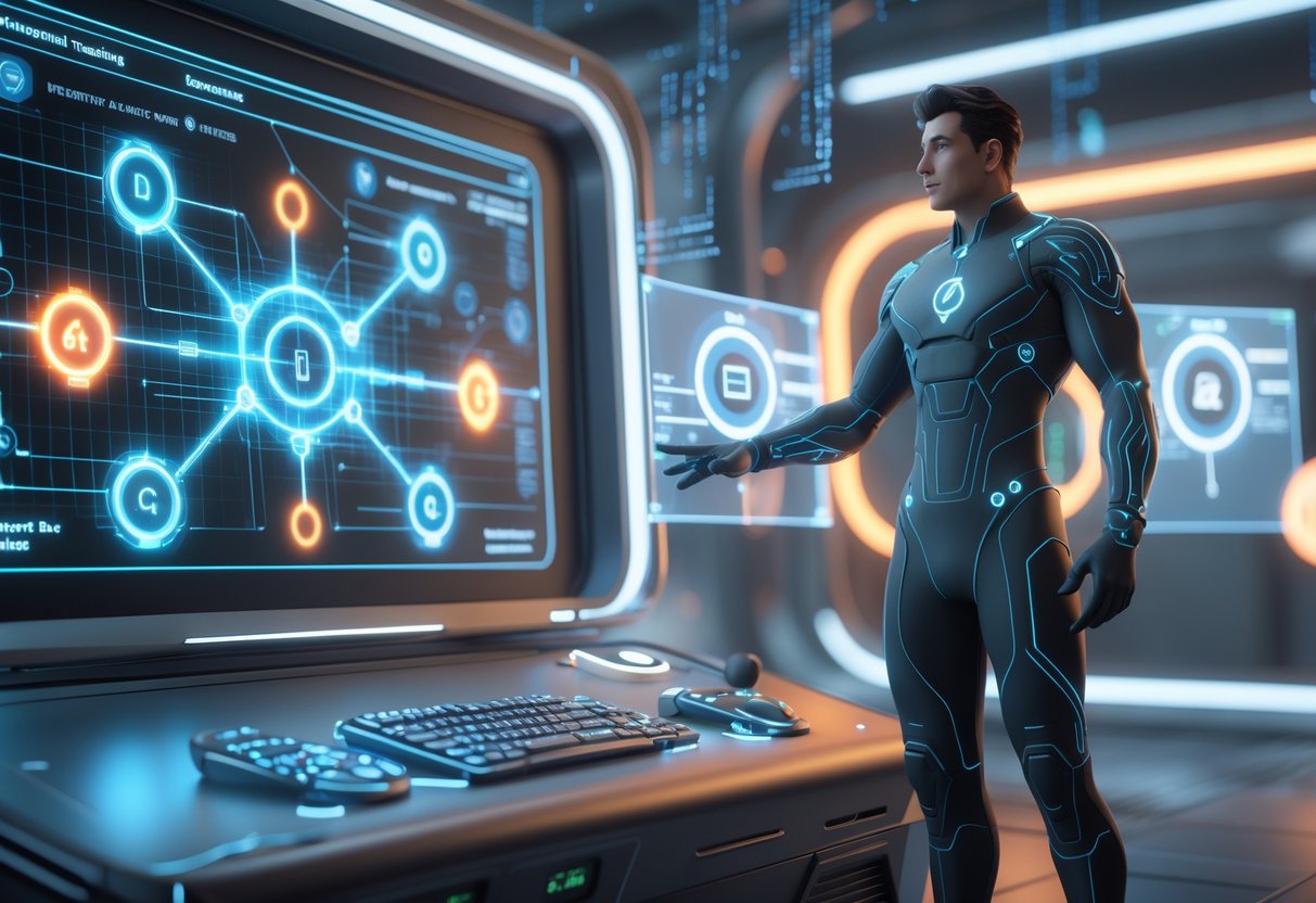 A person in a futuristic tech suit interacts with glowing holographic screens showing complex lock and node patterns inside a high-tech lab.