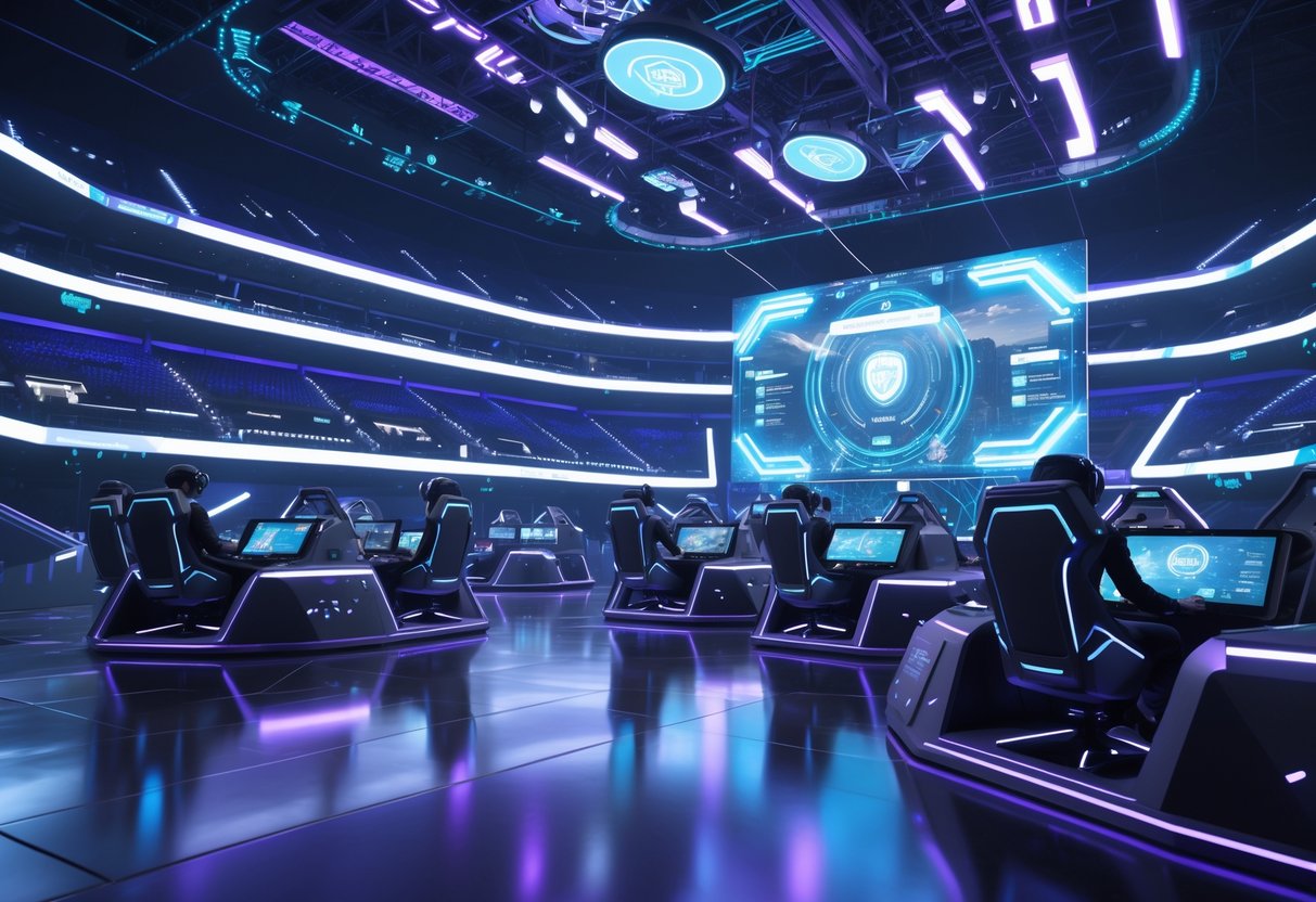 A futuristic esports tournament arena with players using advanced gaming equipment and holographic displays showing live gameplay.