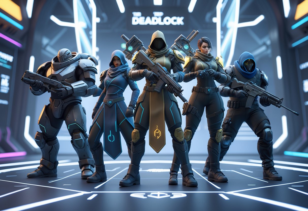 Five futuristic characters in a high-tech arena preparing for a competitive team battle, each with distinct armour and weapons.