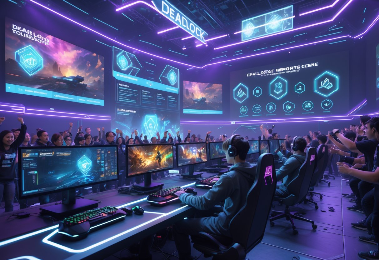 A crowded esports arena with players competing in a video game tournament and an excited audience watching.