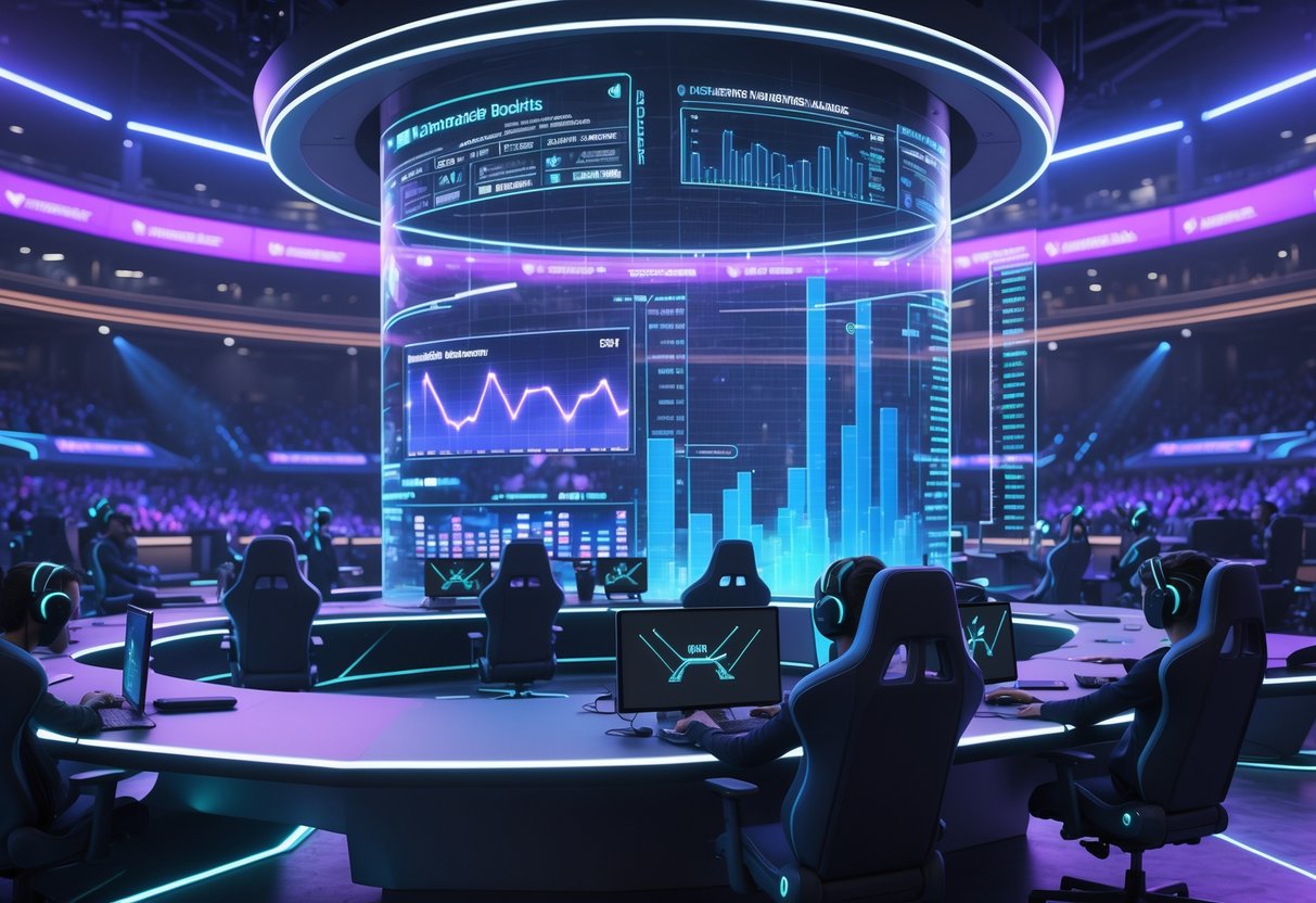 A futuristic esports arena with holographic displays showing gaming statistics and growth charts, surrounded by focused players and a cheering audience.