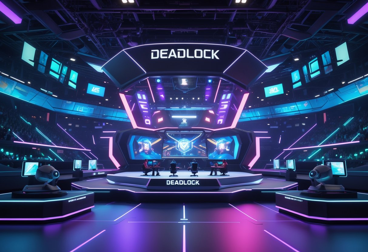 A futuristic esports arena with players competing on a high-tech gaming stage surrounded by glowing lights and digital screens, filled with an energetic crowd.