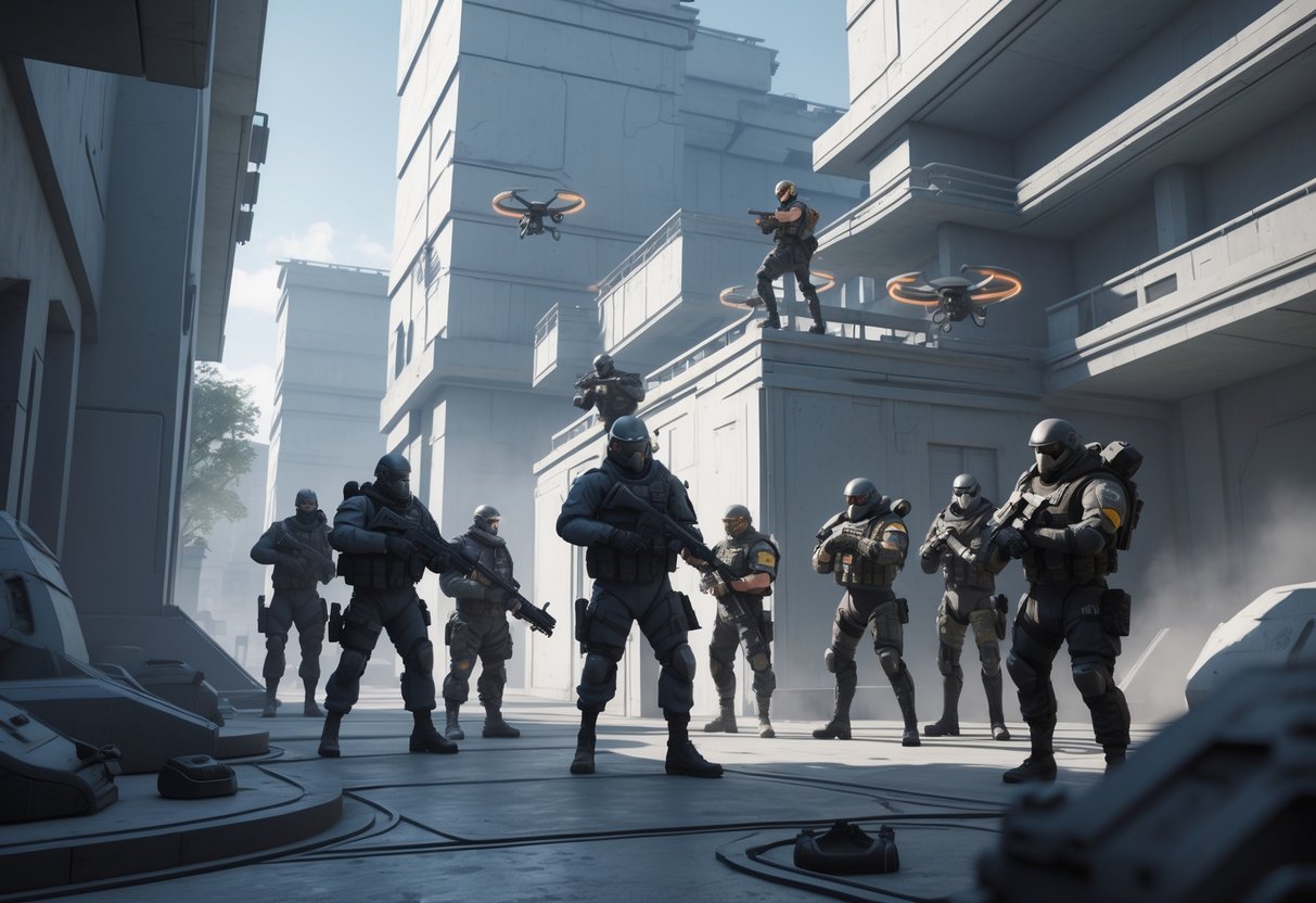A group of specialised operatives positioned strategically in a futuristic urban battlefield, showing teamwork and tactical coordination around tall buildings and narrow streets.
