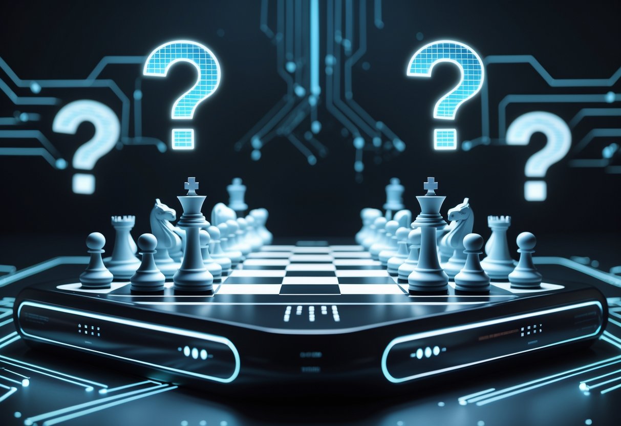 A 3D scene showing two groups of chess pieces locked in a stalemate on a futuristic chessboard with glowing lines and floating holographic symbols around it.
