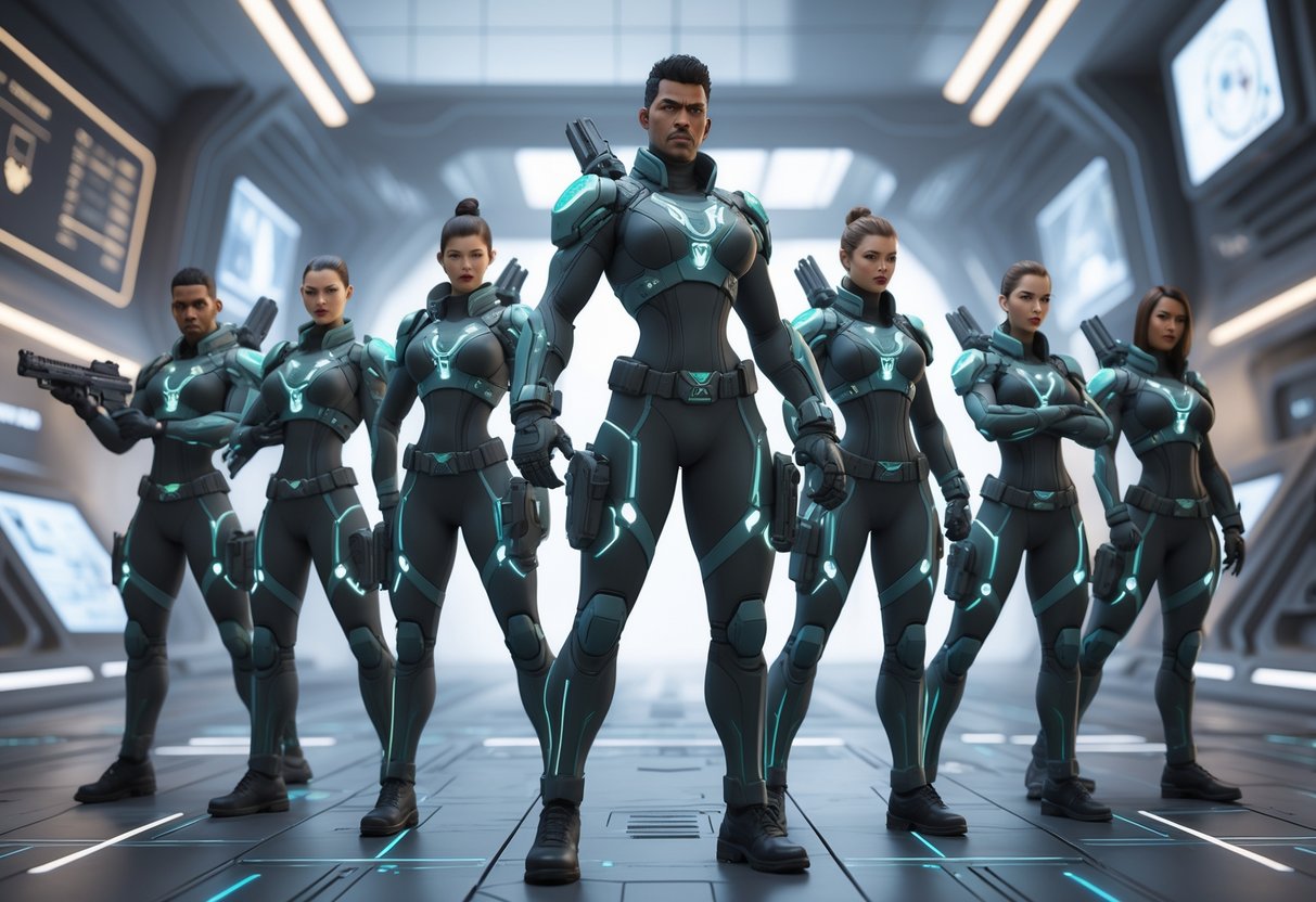 A group of seven futuristic agents, including Deadlock, standing together in a high-tech urban battlefield, ready for action.