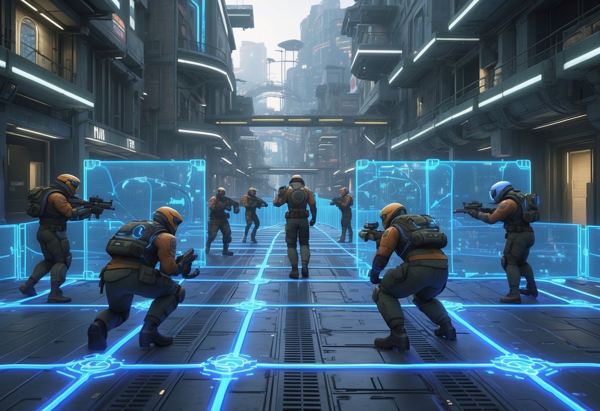 A group of characters working together to place glowing barrier meshes in a futuristic city environment, forming a protective grid to defend against threats.
