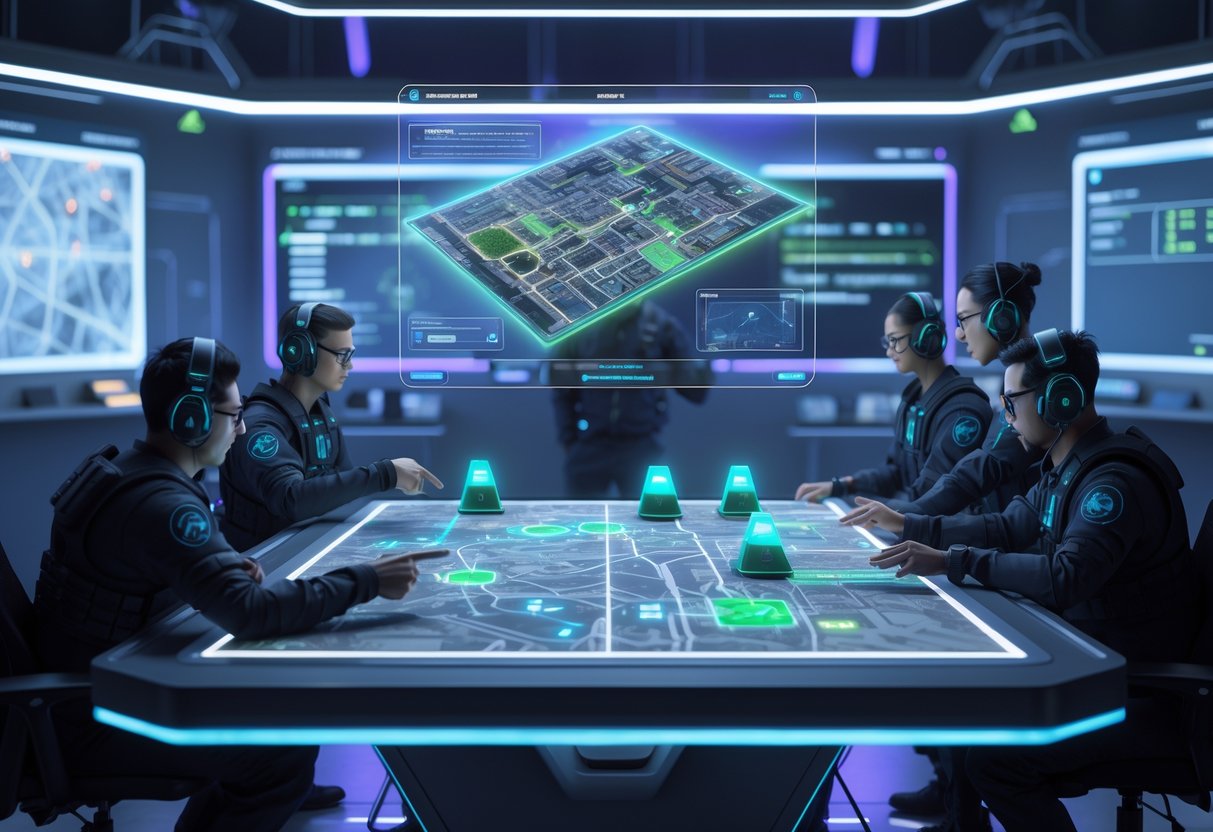 A futuristic command centre with a holographic map showing sensor placements and team members planning strategy around a table.