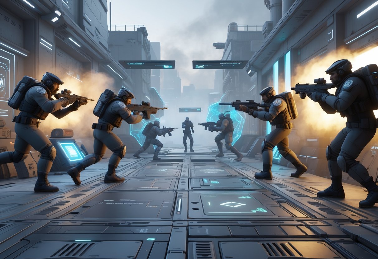A 3D scene showing two teams in a standoff on a futuristic battlefield, with one team attacking and the other defending behind barricades.
