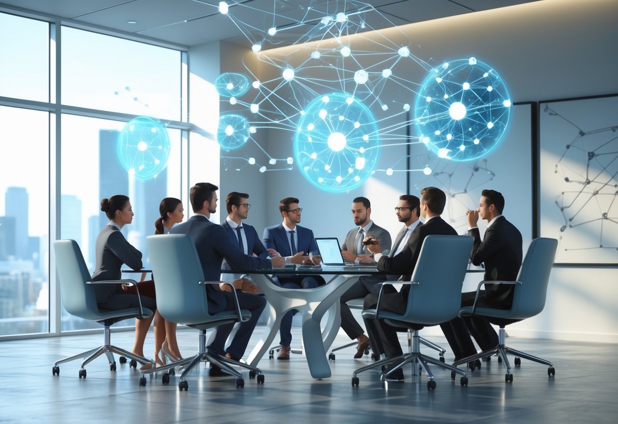 A diverse team of professionals collaborating around a table with floating digital displays showing communication pathways in a bright office meeting room.