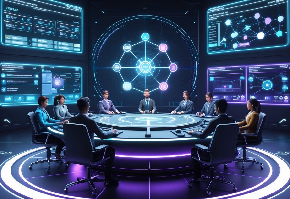 A futuristic digital control room with holographic displays showing team compositions and strategic data, with avatars of team members around a circular table.