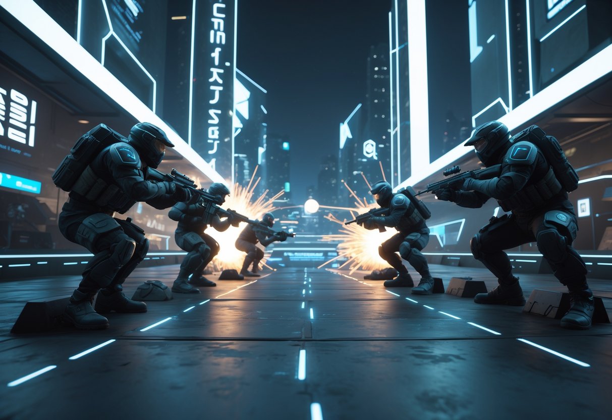 Two teams of futuristic soldiers face each other in a high-tech city environment, poised in a tense standoff behind cover.