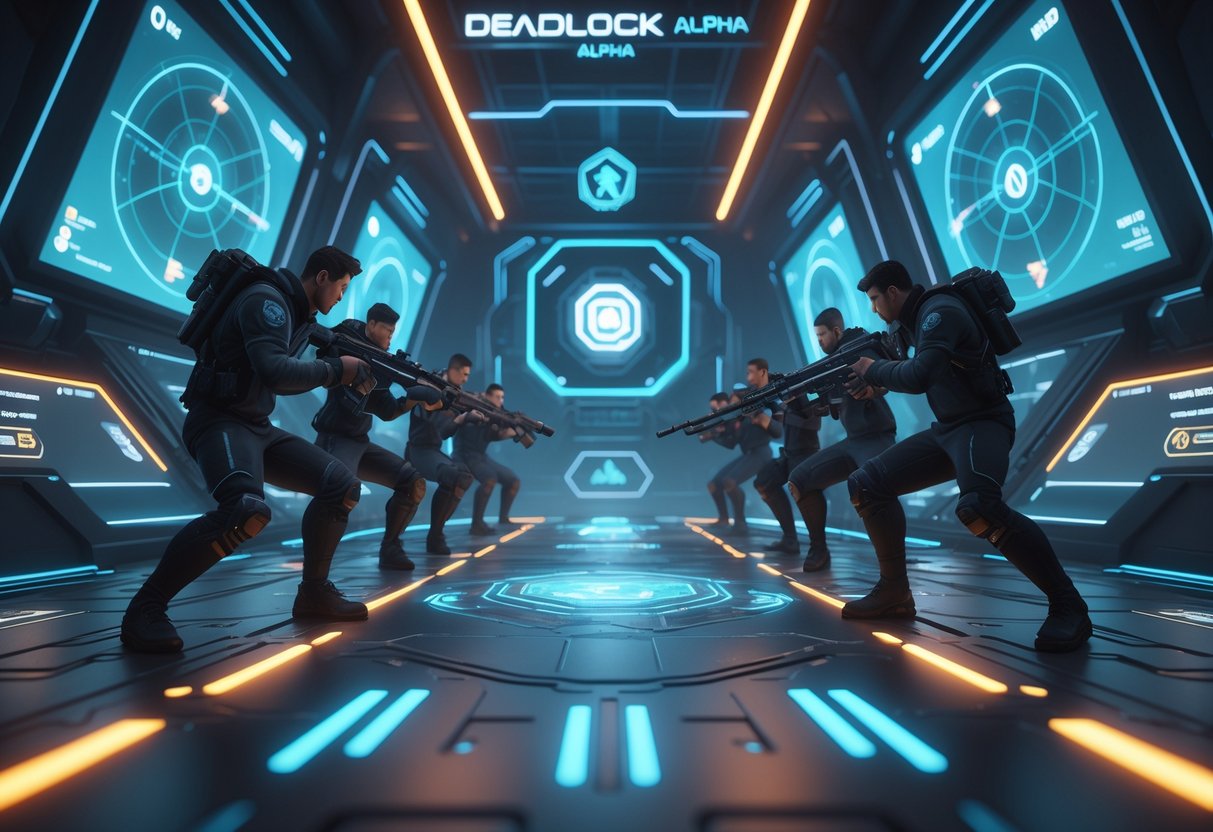 Two teams of futuristic players face off in a high-tech gaming arena with glowing lights and holographic displays, preparing for a competitive match.