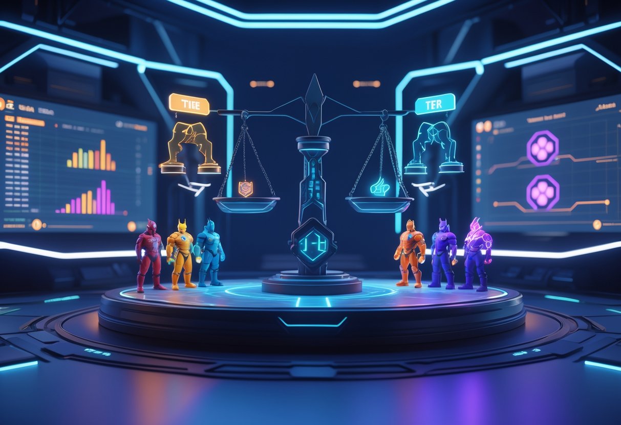 A futuristic gaming arena with a large balance scale showing different hero figures on one side and glowing icons on the other, surrounded by floating digital displays and holograms.