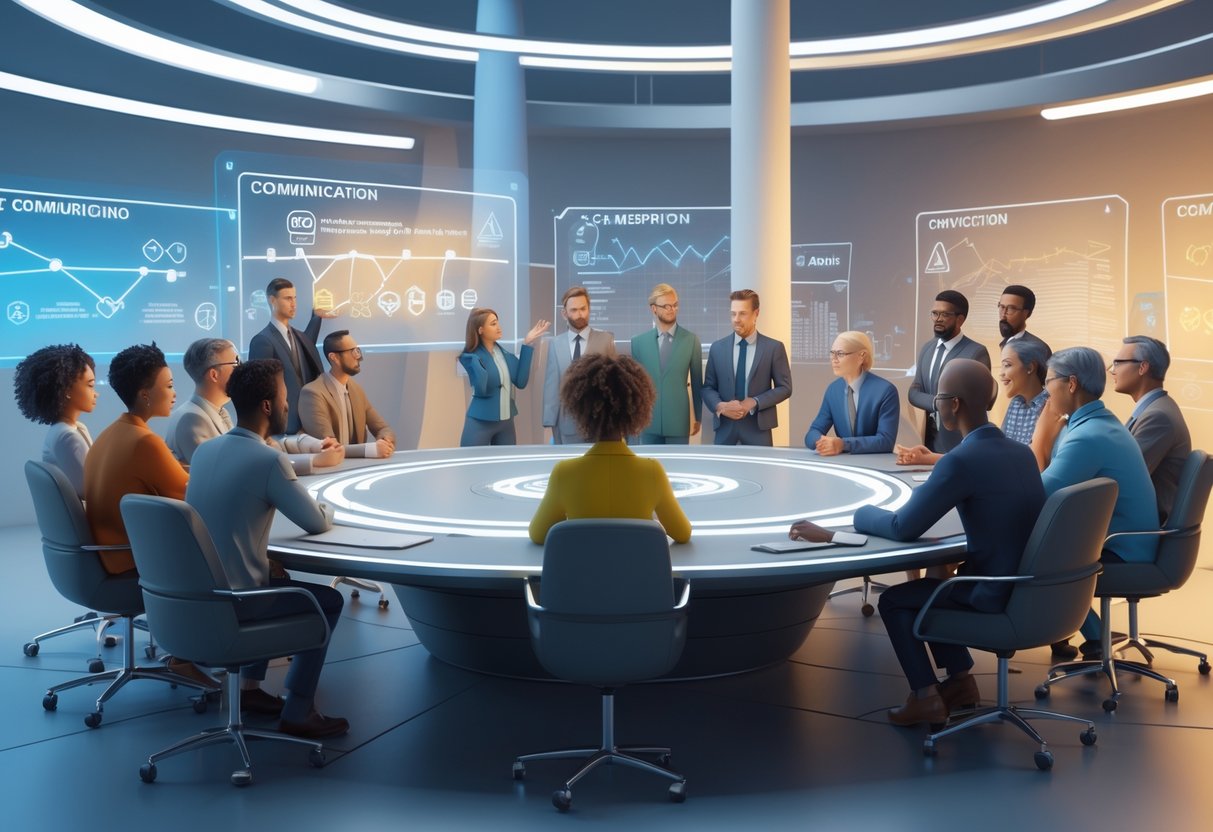 A group of diverse people gathered around a roundtable in a modern space, engaged in a serious discussion with holographic displays showing charts and symbols.