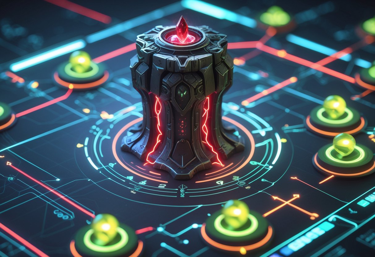 A 3D scene showing a glowing dark metallic item surrounded by swirling red and green energy orbs connected by light lines on a holographic blueprint background.