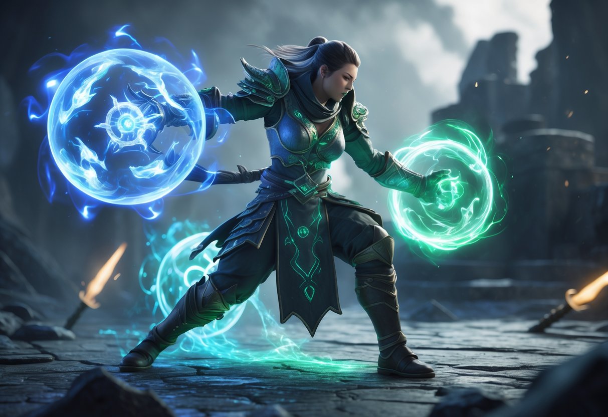 A warrior surrounded by glowing spirit items, powering up on a dark battleground with ancient ruins in the background.