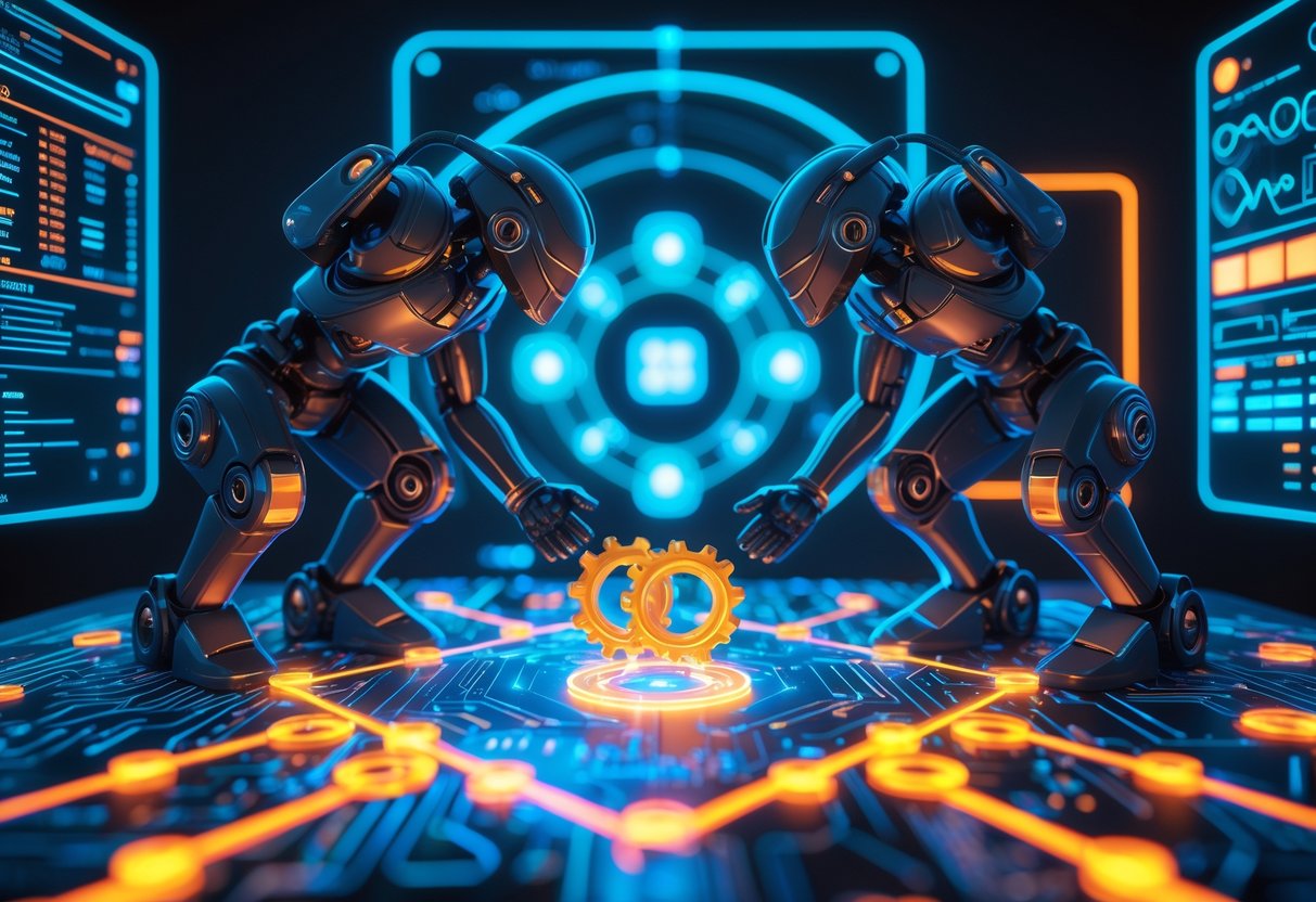 Two robotic figures facing each other on a glowing digital battlefield with interlocking gears and chains between them symbolising a deadlock.