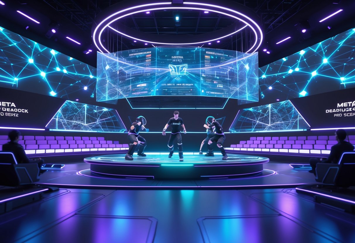 A futuristic esports arena with holographic displays and virtual player avatars competing on a modern stage surrounded by glowing lights and digital data visuals.