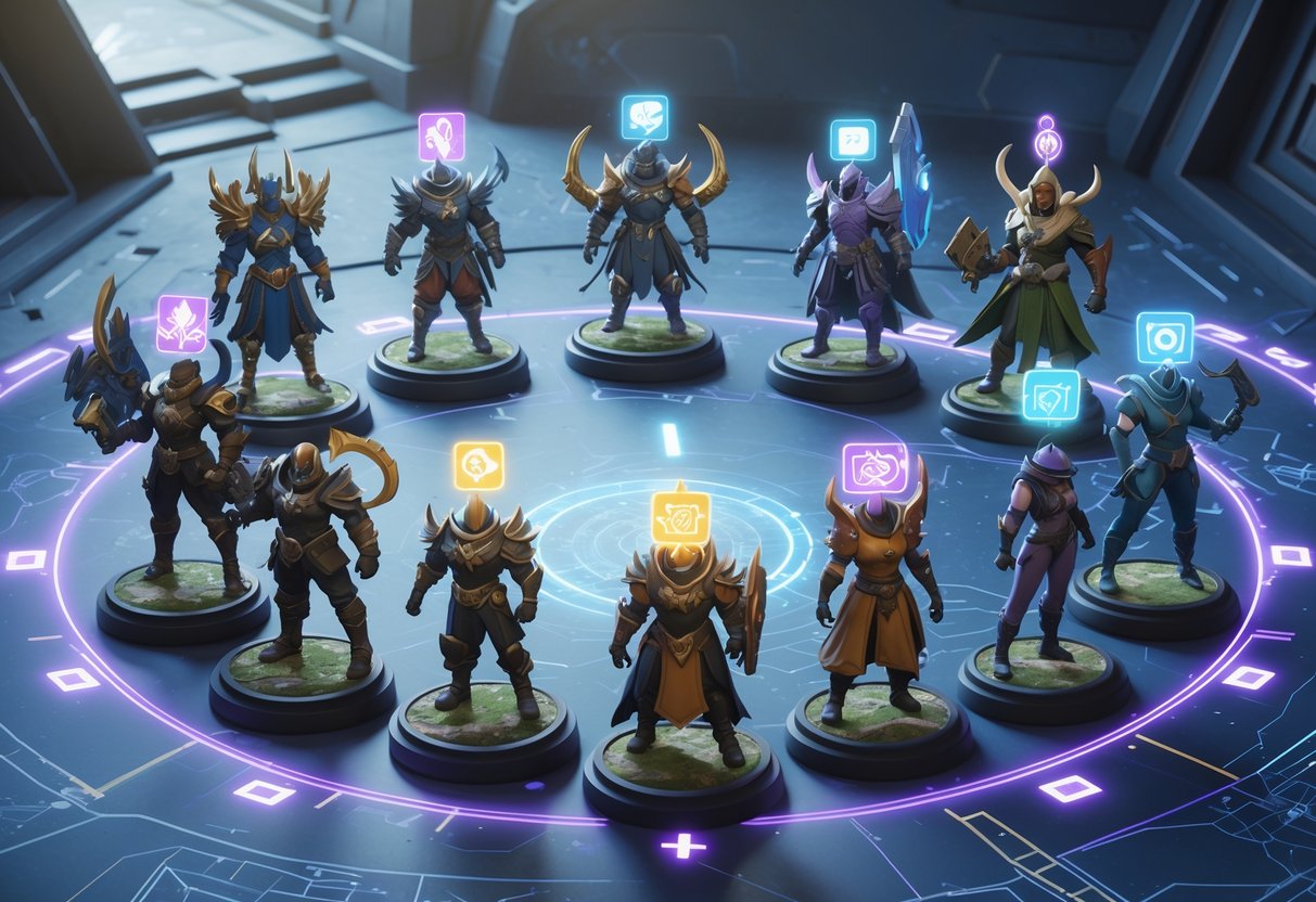 A group of different heroes standing in a circle, each surrounded by floating glowing icons representing their unique equipment, set against a futuristic battleground background.