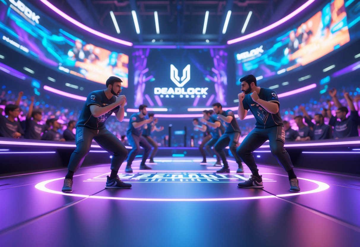 A futuristic esports arena with professional players in action-ready poses and a cheering crowd in the background.