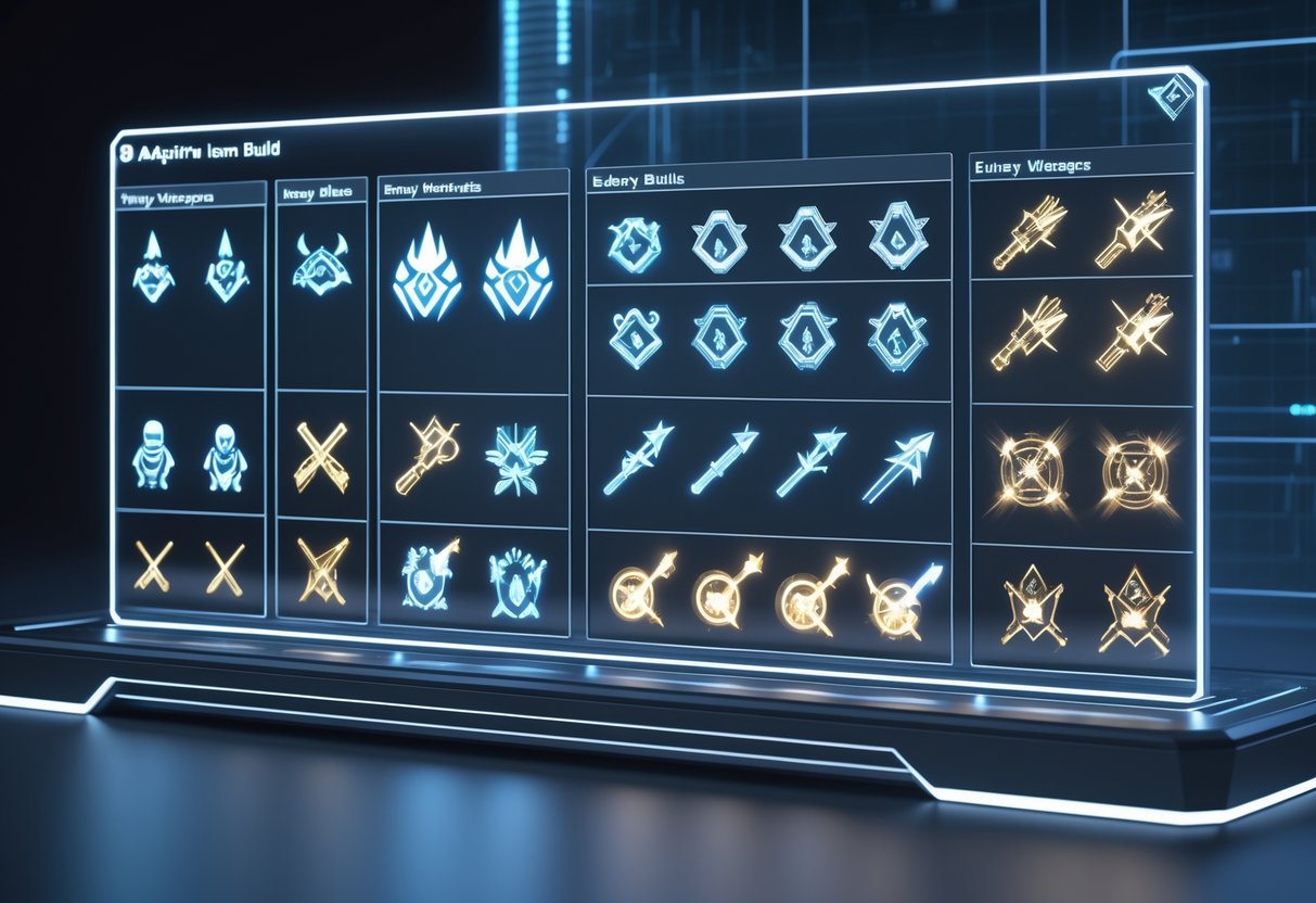 A futuristic holographic game interface showing different enemy types and matching powerful items arranged on a glowing table.