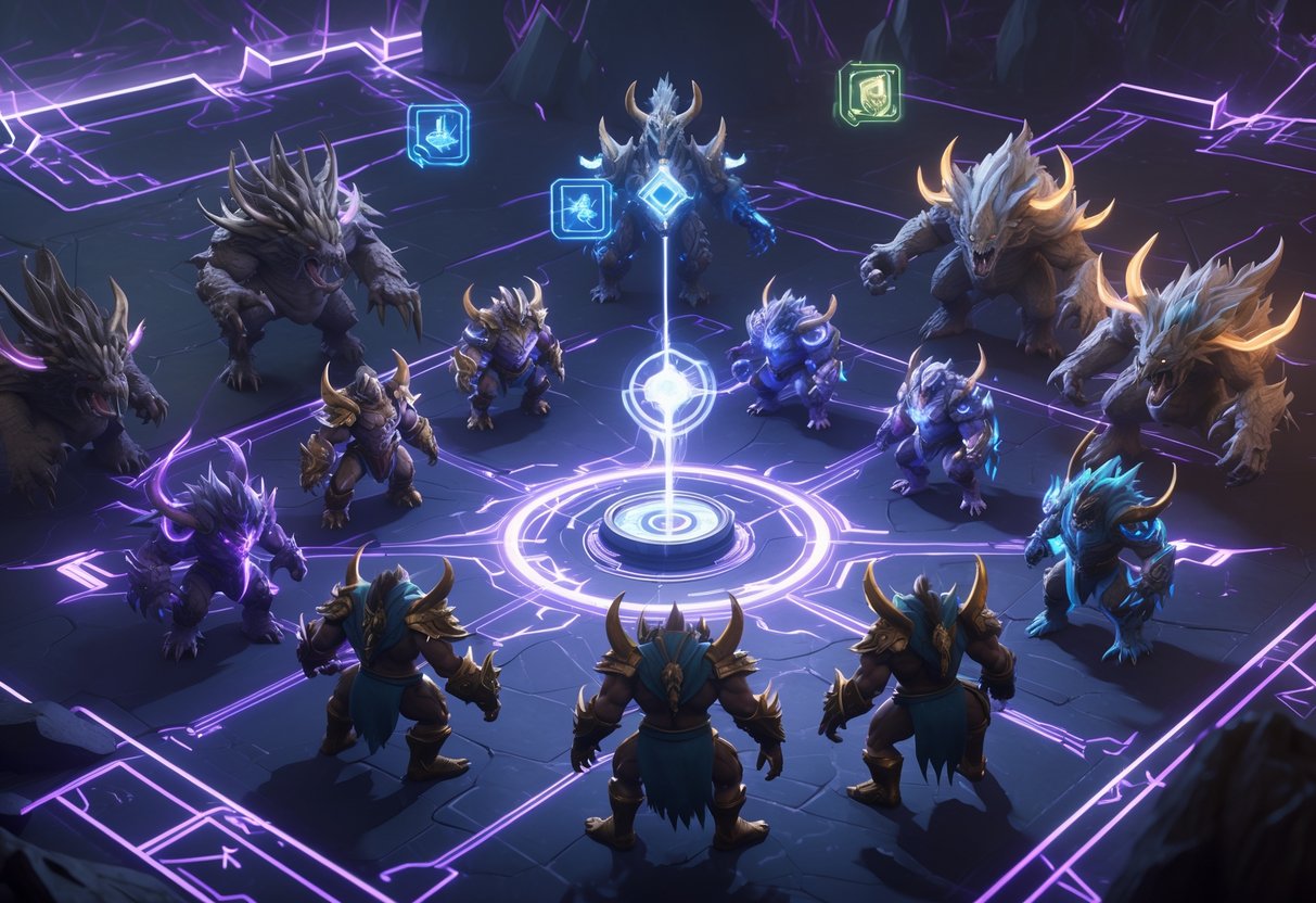 A group of powerful monsters with glowing armour and weapons stand strategically around a glowing central point in a dark, mystical arena, representing a tense late game battle.