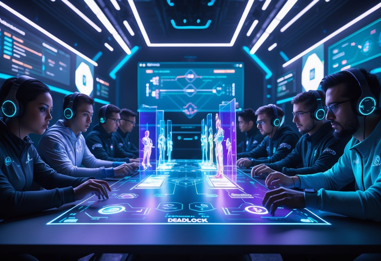 A group of professional gamers analysing holographic 3D models of team strategies and compositions in a futuristic esports arena.