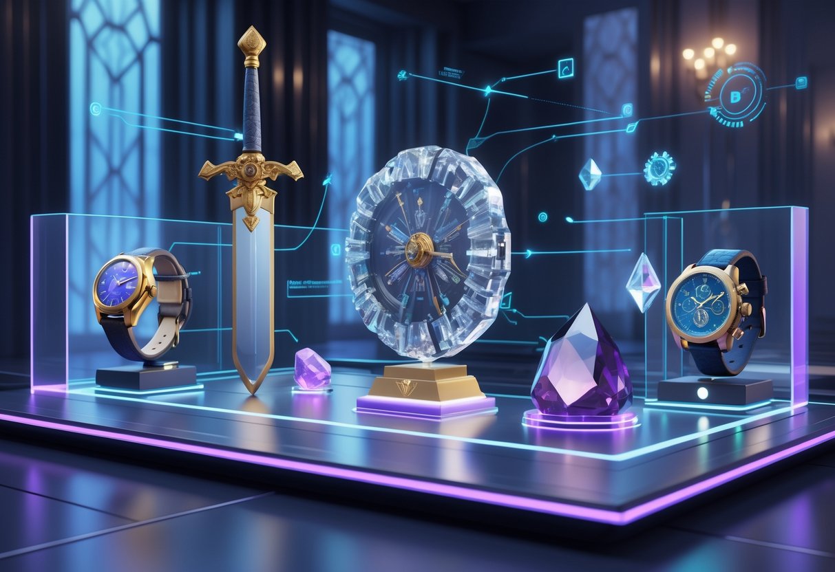 A futuristic inventory display showing various luxury and tactical items arranged on transparent panels with glowing lines connecting them, set in a dimly lit room.