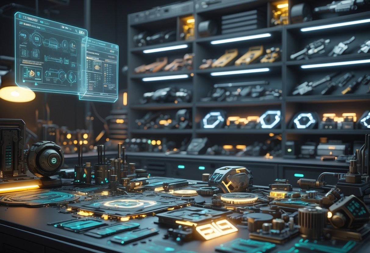 A futuristic workshop with a workbench covered in mechanical parts and holographic schematics, surrounded by shelves of weapon and armour components.