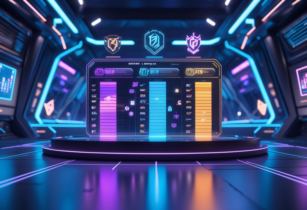 A 3D scene showing a futuristic esports arena with holographic leaderboards and glowing bars comparing different gaming titles, surrounded by high-tech lights and digital graphs.