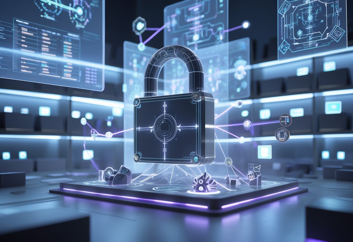 A 3D scene showing a futuristic digital library with floating holographic screens displaying interconnected diagrams and item icons around a central mechanical lock model.