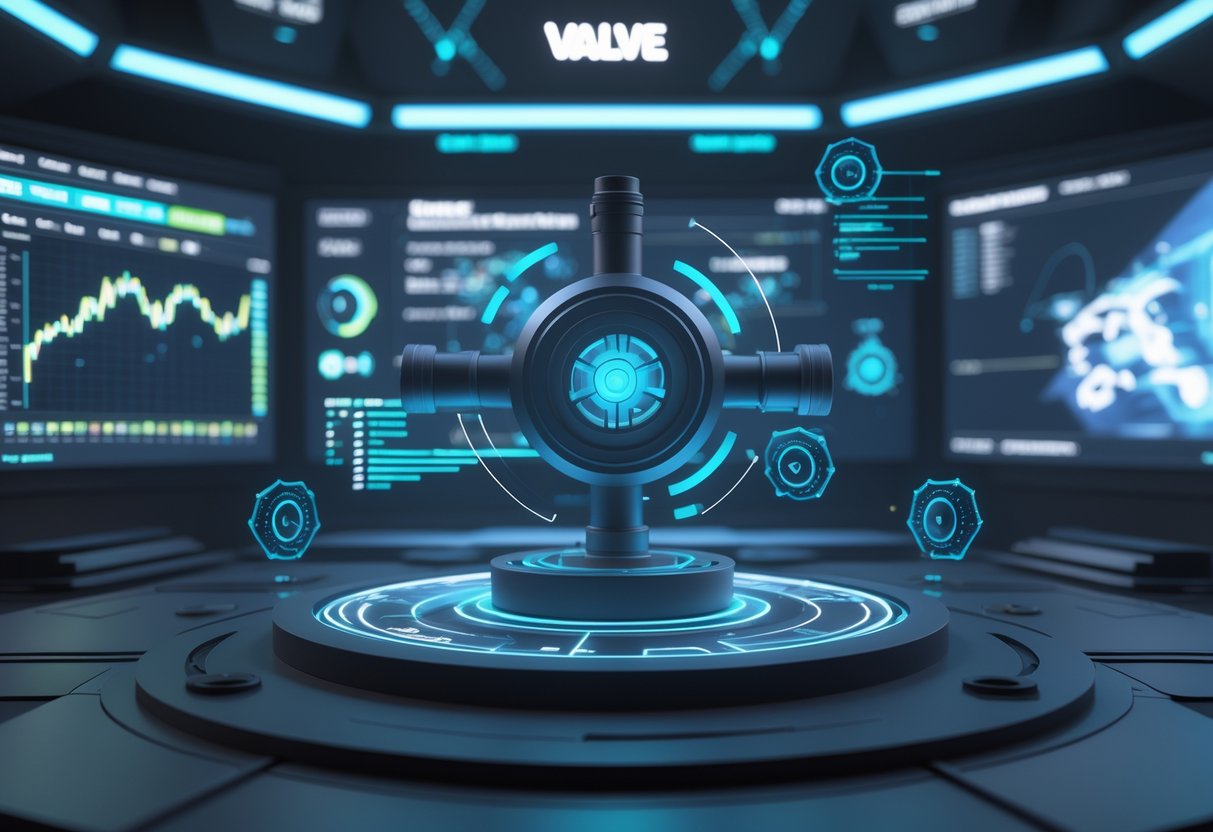 A futuristic control room with a glowing valve at the centre surrounded by holographic charts, player data, and digital maps representing esports development and strategic predictions.