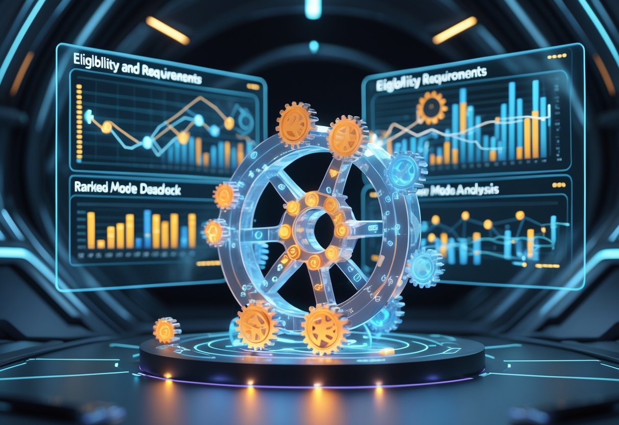 A 3D scene showing a futuristic digital interface with holographic charts and a glowing puzzle lock symbolising a deadlock surrounded by data points and ranking indicators.