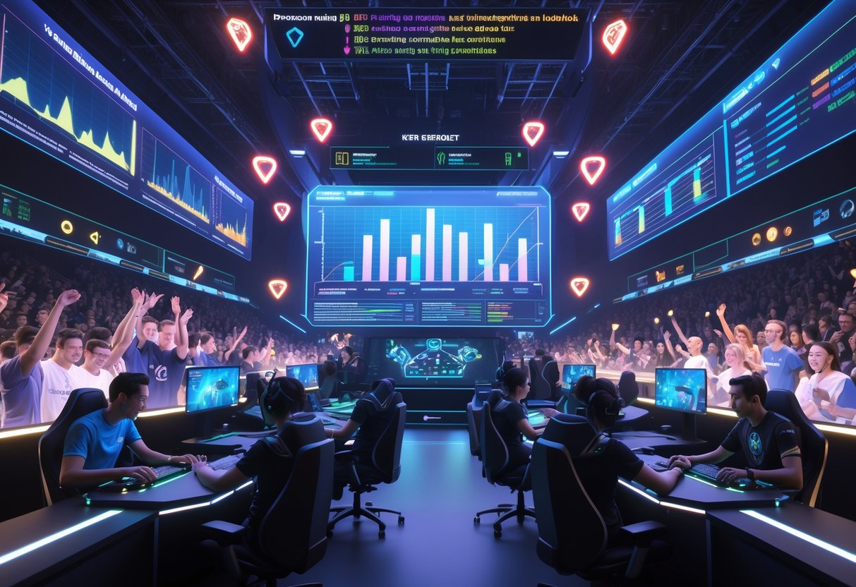 A 3D scene of a packed esports arena with professional gamers playing intensely and a large virtual crowd watching, surrounded by holographic data and digital effects showing viewer engagement and game predictions.