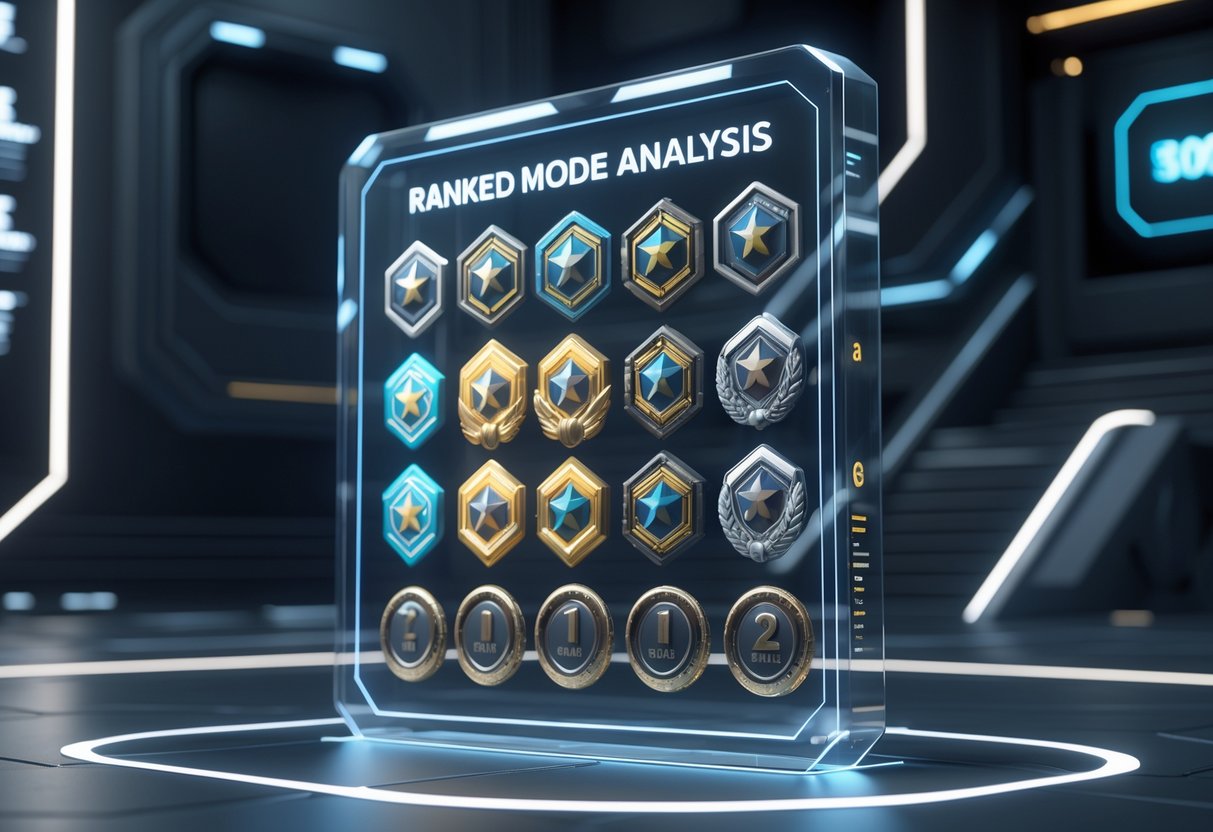A 3D scene showing a floating holographic display of various ranks and medals arranged vertically in a dark futuristic setting.