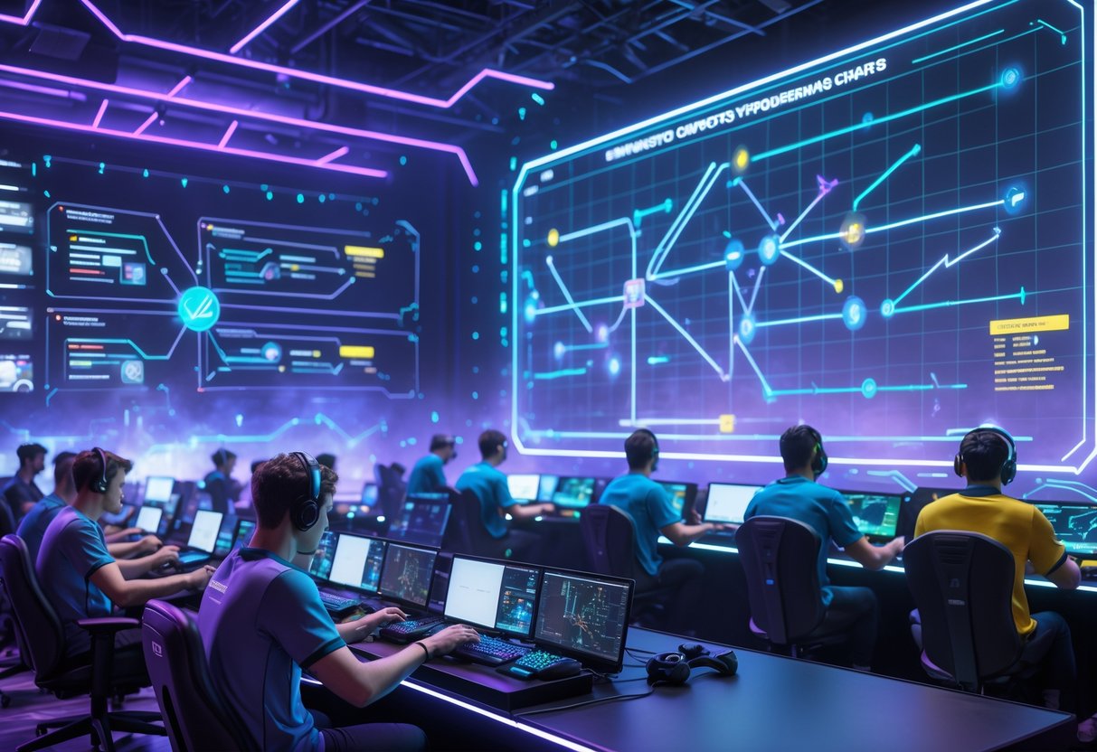 A futuristic esports arena where players engage with holographic displays showing career progression and strategic pathways in professional gaming.