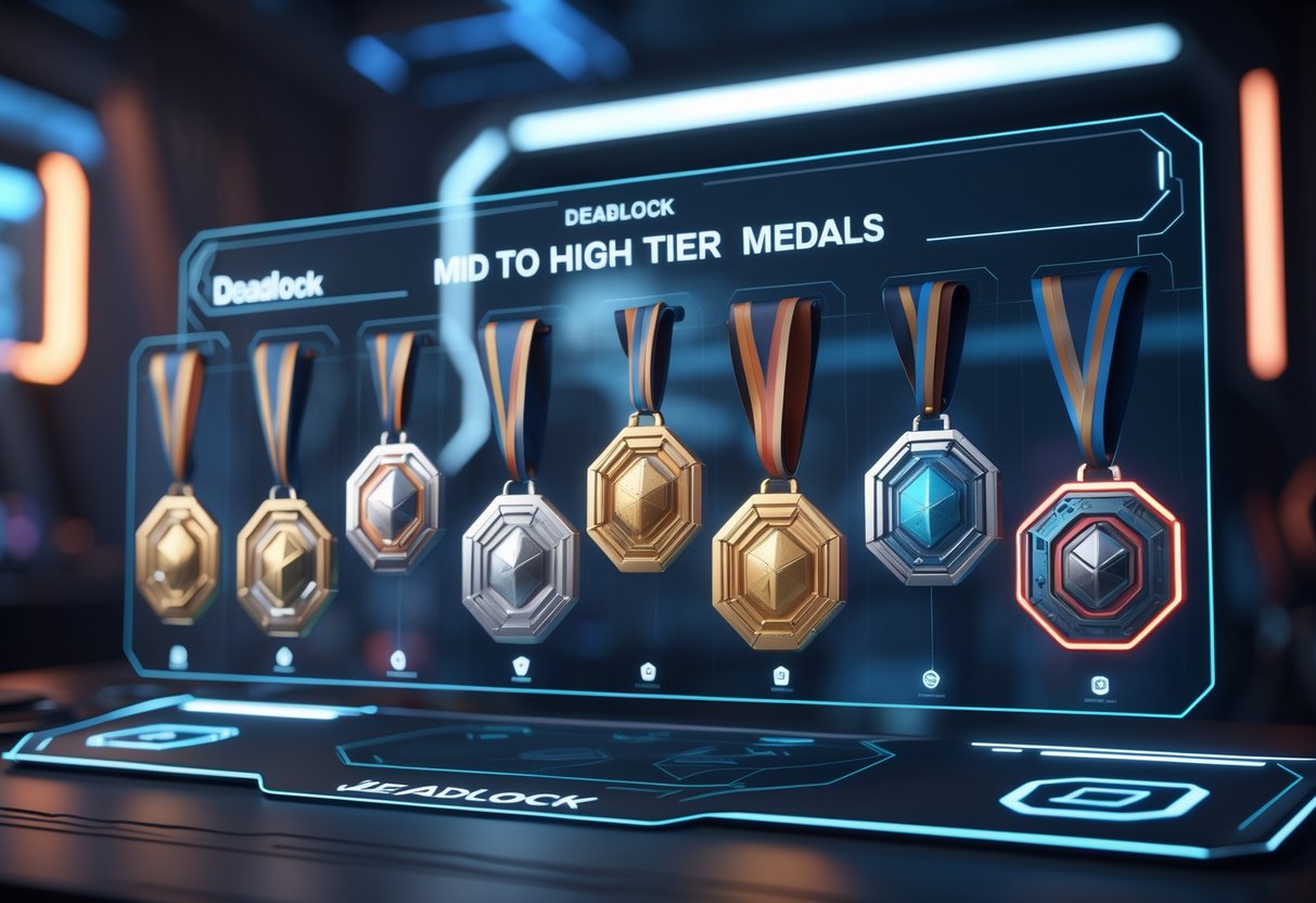 A futuristic digital dashboard showing detailed 3D medals arranged in order within a high-tech gaming environment.