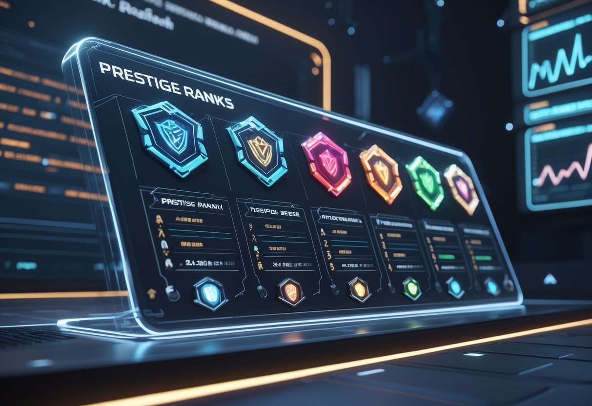 A 3D scene showing a futuristic gaming leaderboard with glowing rank badges arranged by level, set against a dark high-tech background with floating data panels and graphs.