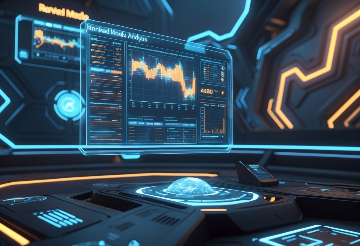 A futuristic gaming arena with holographic data displays showing player rankings and performance analytics above a control panel, set against a sci-fi battlefield background.