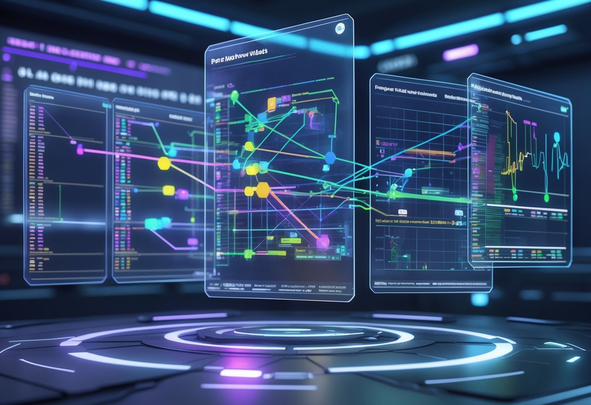 A futuristic digital dashboard showing interconnected timelines and graphs analysing match scheduling and queue deadlocks in a high-tech control room.